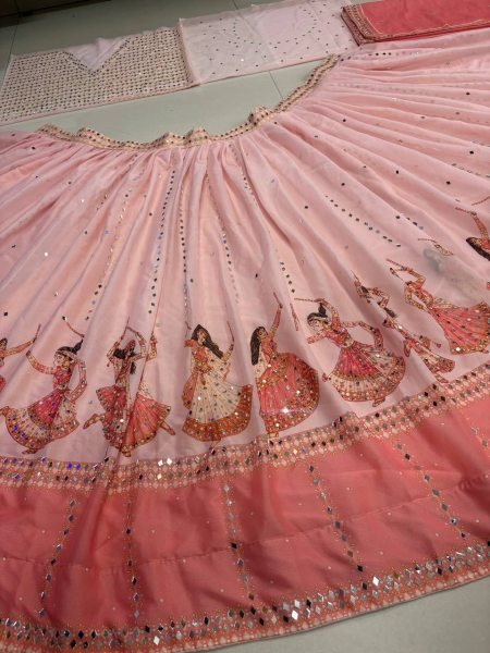 Garba Wear Baby Pink Star Georgette Lehenga Choli with Real Mirror Work at Wholesale Rate Navratri Lehnega Choli