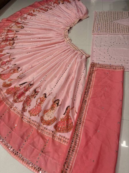 Garba Wear Baby Pink Star Georgette Lehenga Choli with Real Mirror Work at Wholesale Rate Navratri Lehnega Choli