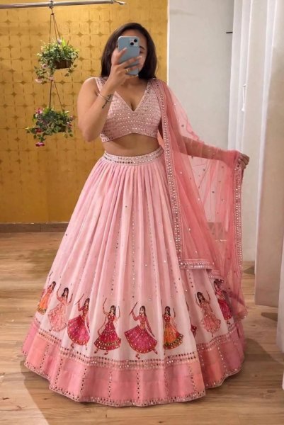 Garba Wear Baby Pink Star Georgette Lehenga Choli with Real Mirror Work at Wholesale Rate Navratri Lehnega Choli