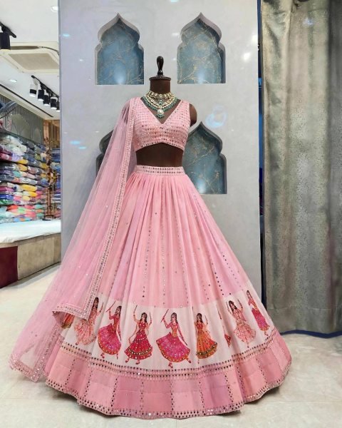 Garba Wear Baby Pink Star Georgette Lehenga Choli with Real Mirror Work at Wholesale Rate Navratri Lehnega Choli