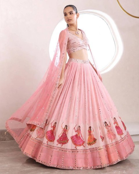 Garba Wear Baby Pink Star Georgette Lehenga Choli with Real Mirror Work at Wholesale Rate Navratri Lehnega Choli