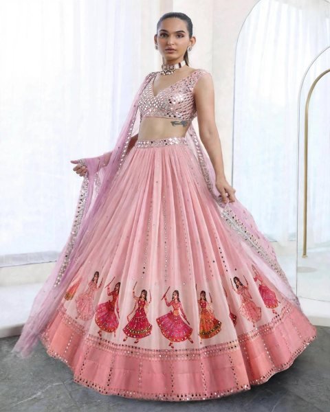 Garba Wear Baby Pink Star Georgette Lehenga Choli with Real Mirror Work at Wholesale Rate Navratri Lehnega Choli