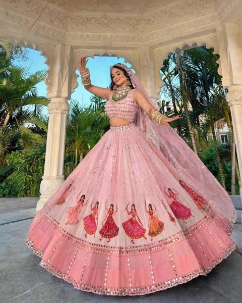 Garba Wear Baby Pink Star Georgette Lehenga Choli with Real Mirror Work at Wholesale Rate Navratri Lehnega Choli