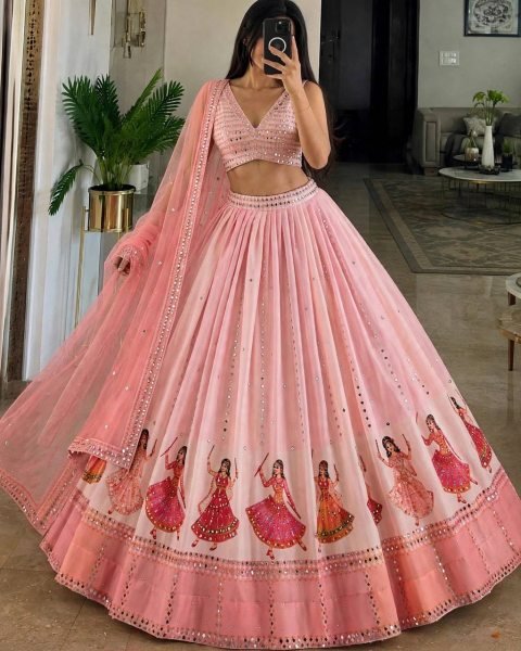Garba Wear Baby Pink Star Georgette Lehenga Choli with Real Mirror Work at Wholesale Rate Navratri Lehnega Choli