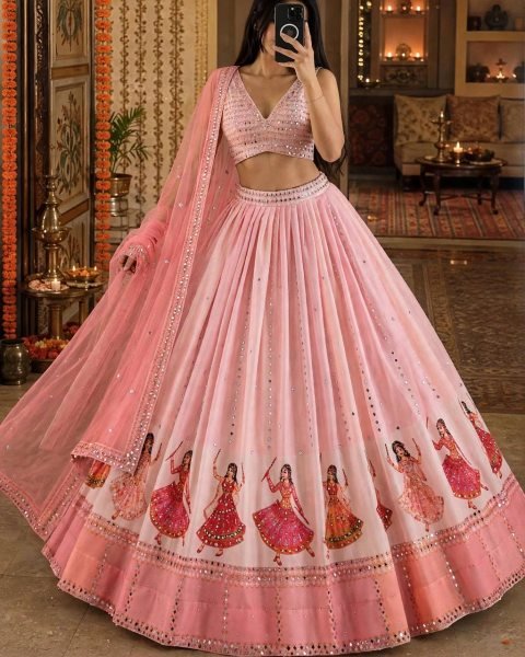 Garba Wear Baby Pink Star Georgette Lehenga Choli with Real Mirror Work at Wholesale Rate Navratri Lehnega Choli
