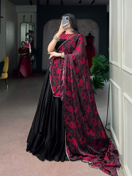 Garba Wear Black Monga Silk Lehenga with Mirror Work Blouse and Dupatta at Wholesale Rate  Lehenga