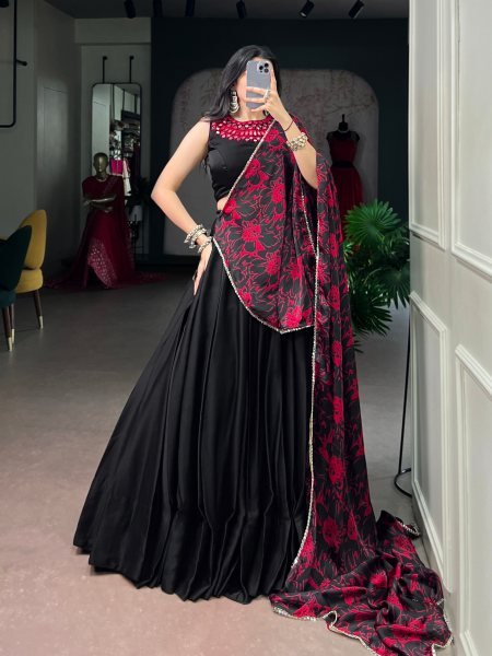 Garba Wear Black Monga Silk Lehenga with Mirror Work Blouse and Dupatta at Wholesale Rate Navratri Lehnega Choli