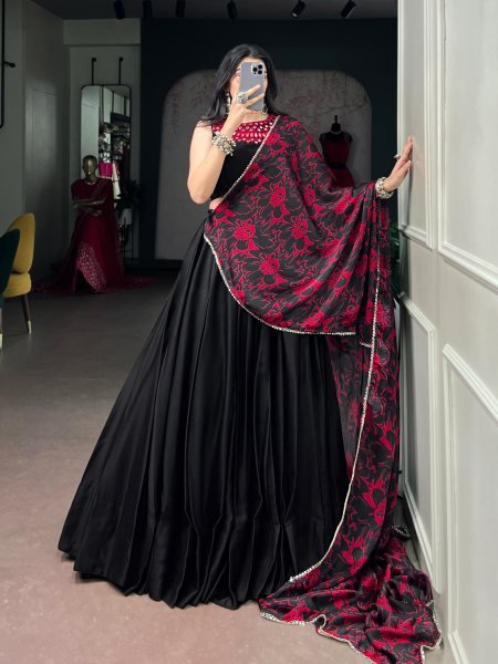 Garba Wear Black Monga Silk Lehenga with Mirror Work Blouse and Dupatta at Wholesale Rate Navratri Lehnega Choli