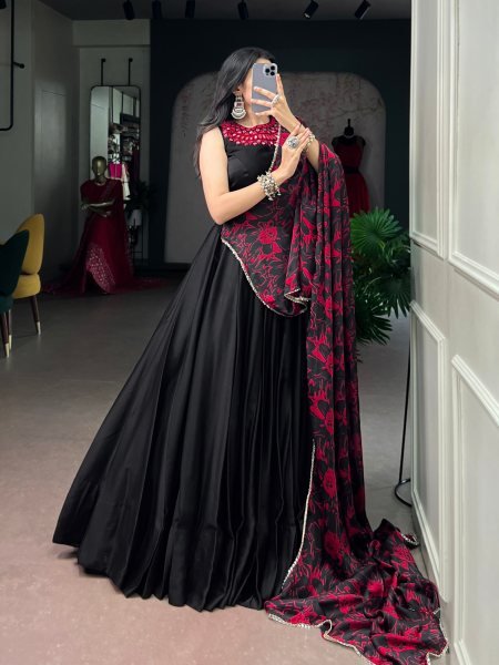 Garba Wear Black Monga Silk Lehenga with Mirror Work Blouse and Dupatta at Wholesale Rate Navratri Lehnega Choli