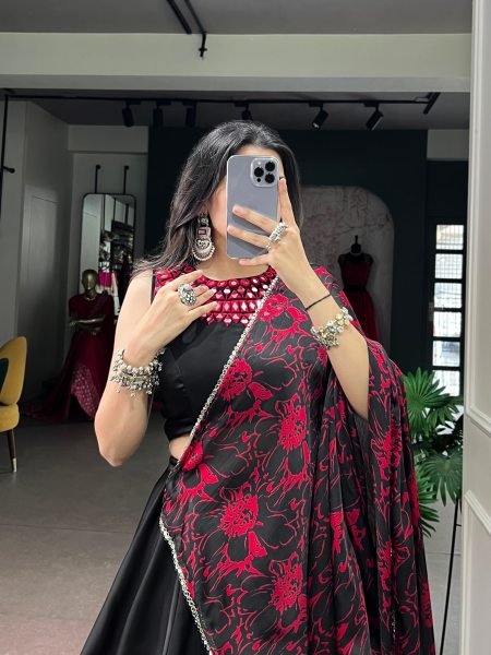 Garba Wear Black Monga Silk Lehenga with Mirror Work Blouse and Dupatta at Wholesale Rate Navratri Lehnega Choli