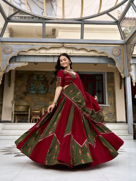 Garba Wear Maroon Grey Rayon Ajrakh Lehenga with 6 Meter Flair and Designer Blouse Wholesale Lehengas Suppliers in Canada
