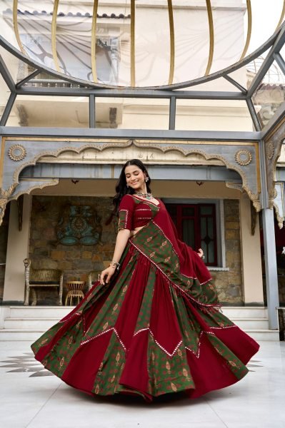 Garba Wear Maroon Grey Rayon Ajrakh Lehenga with 6 Meter Flair and Designer Blouse Navratri Lehnega Choli