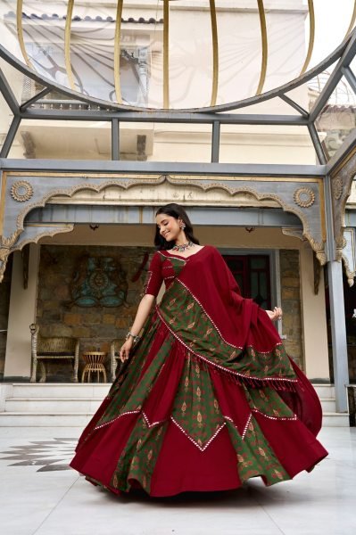 Garba Wear Maroon Grey Rayon Ajrakh Lehenga with 6 Meter Flair and Designer Blouse Navratri Lehnega Choli
