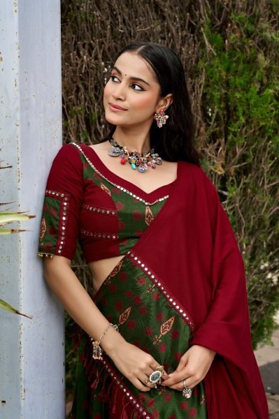 Garba Wear Maroon Grey Rayon Ajrakh Lehenga with 6 Meter Flair and Designer Blouse Navratri Lehnega Choli