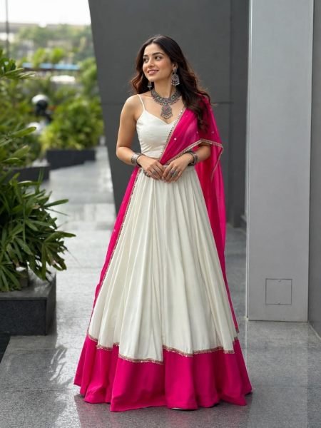 Garba Wear White Rani Pink Cotton Lehenga with Mirror Lace and Embroidered Dupatta  Lehenga