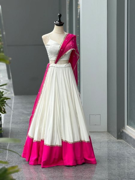 Garba Wear White Rani Pink Cotton Lehenga with Mirror Lace and Embroidered Dupatta Navratri Lehnega Choli