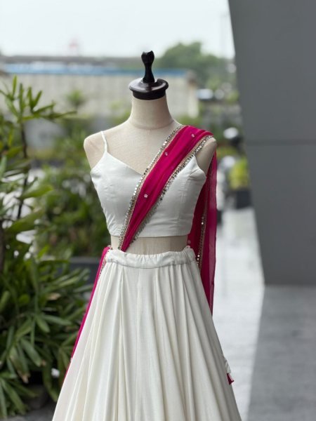 Garba Wear White Rani Pink Cotton Lehenga with Mirror Lace and Embroidered Dupatta Navratri Lehnega Choli