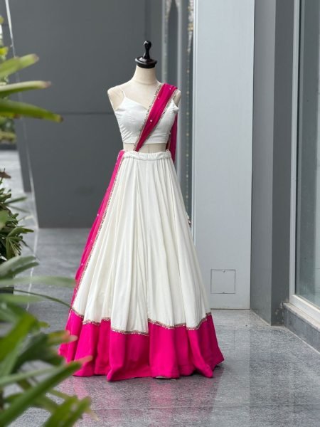 Garba Wear White Rani Pink Cotton Lehenga with Mirror Lace and Embroidered Dupatta Navratri Lehnega Choli