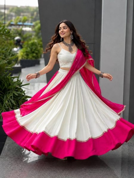 Garba Wear White Rani Pink Cotton Lehenga with Mirror Lace and Embroidered Dupatta Navratri Lehnega Choli