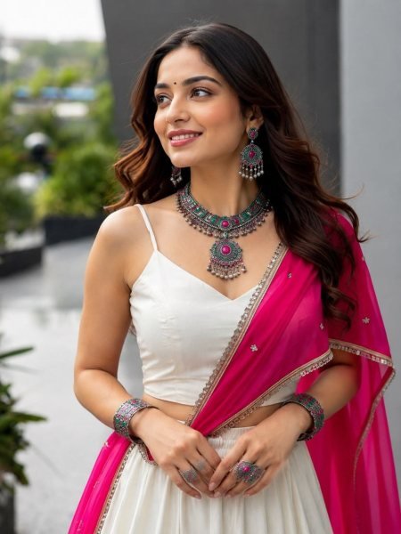 Garba Wear White Rani Pink Cotton Lehenga with Mirror Lace and Embroidered Dupatta Navratri Lehnega Choli