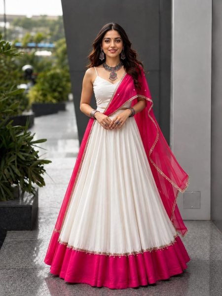 Garba Wear White Rani Pink Cotton Lehenga with Mirror Lace and Embroidered Dupatta Navratri Lehnega Choli