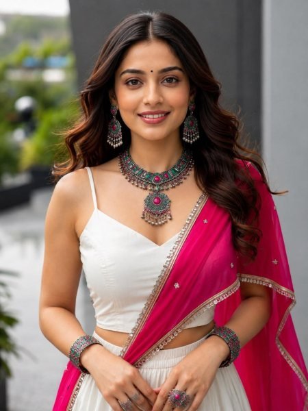 Garba Wear White Rani Pink Cotton Lehenga with Mirror Lace and Embroidered Dupatta Navratri Lehnega Choli