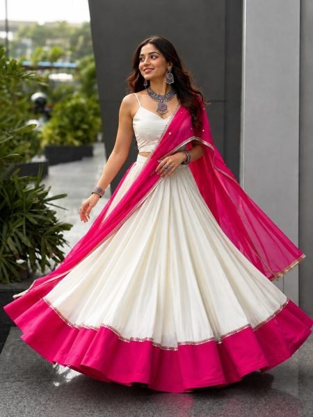 Garba Wear White Rani Pink Cotton Lehenga with Mirror Lace and Embroidered Dupatta Navratri Lehnega Choli