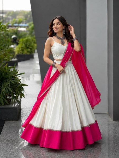 Garba Wear White Rani Pink Cotton Lehenga with Mirror Lace and Embroidered Dupatta Navratri Lehnega Choli