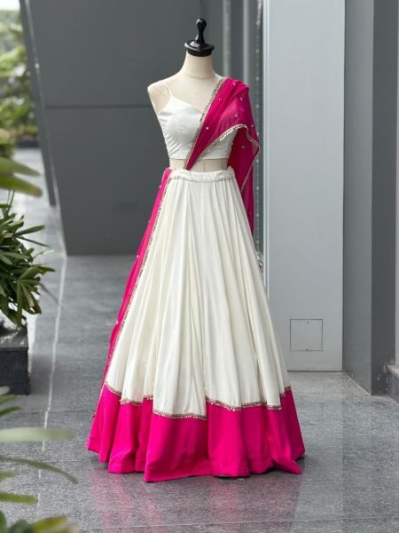 Garba Wear White Rani Pink Cotton Lehenga with Mirror Lace and Embroidered Dupatta Navratri Lehnega Choli
