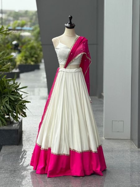 Garba Wear White Rani Pink Cotton Lehenga with Mirror Lace and Embroidered Dupatta Navratri Lehnega Choli