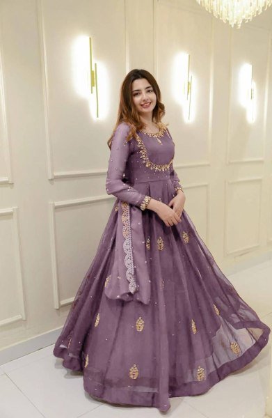 Genteel Lavender Fully Stitched Long Gown with Border Dupatta at Manufacturer Rate Anarkali Kurtis 