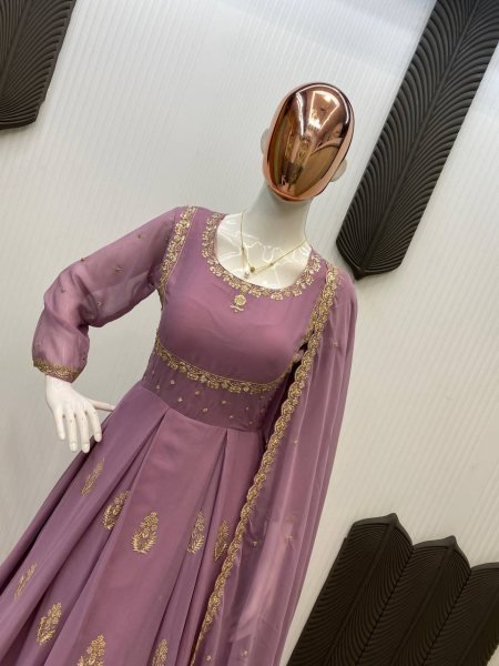 Genteel Lavender Fully Stitched Long Gown with Border Dupatta at Manufacturer Rate Anarkali Kurtis 
