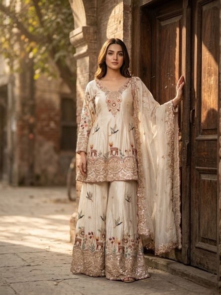 Gentle White Chinon Silk Sequence Work With Multi Needle Embroidery Top Sharara Set And Embroidered Dupatta 