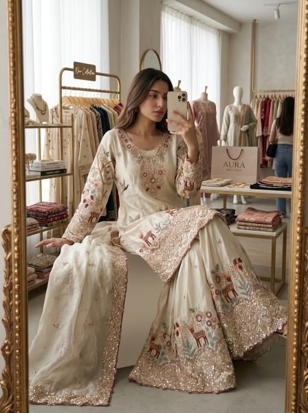 Gentle White Chinon Silk Sequence Work With Multi Needle Embroidery Top Sharara Set And Embroidered Dupatta Ready To Wear Collection