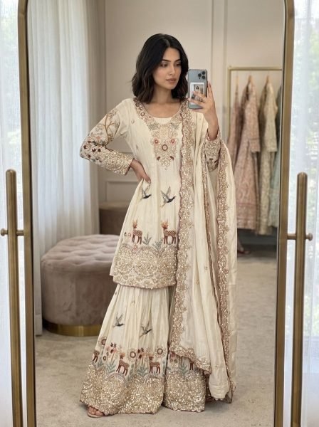 Gentle White Chinon Silk Sequence Work With Multi Needle Embroidery Top Sharara Set And Embroidered Dupatta Ready To Wear Collection