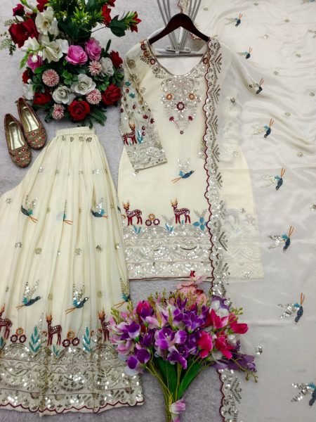 Gentle White Chinon Silk Sequence Work With Multi Needle Embroidery Top Sharara Set And Embroidered Dupatta Ready To Wear Collection