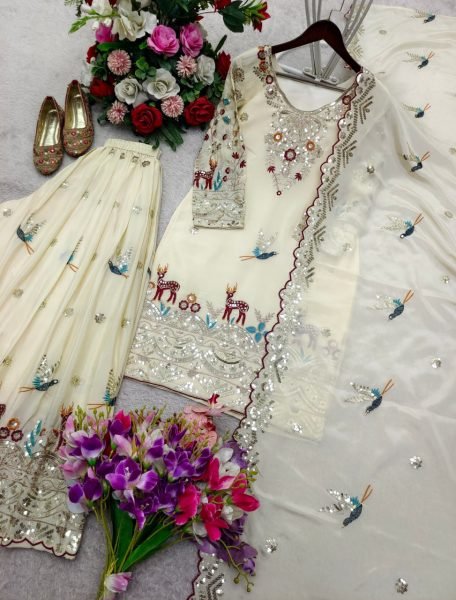 Gentle White Chinon Silk Sequence Work With Multi Needle Embroidery Top Sharara Set And Embroidered Dupatta Ready To Wear Collection