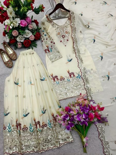 Gentle White Chinon Silk Sequence Work With Multi Needle Embroidery Top Sharara Set And Embroidered Dupatta Ready To Wear Collection