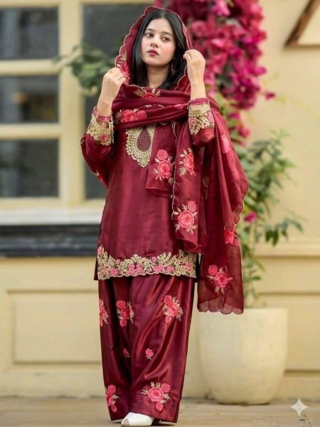 Gentle Wine Japan Satin Embroidery and Sequence Work Top With Farshi Salwar  And Embroidery Work Dupatta 