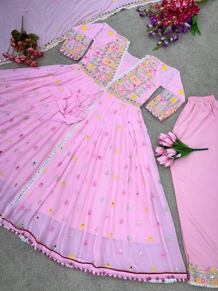 Georgette Embroidered New Designer Party Wear Look New Top Bottom and Dupatta Set Anarkali Kurtis 