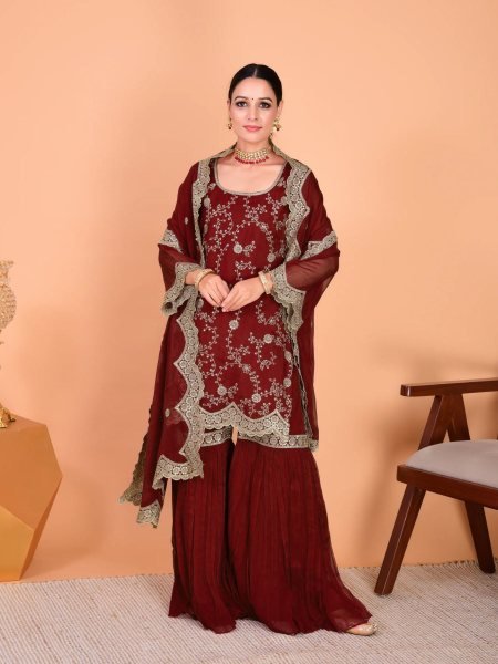 Irresistible Maroon Georgette Kurta Sharara Suits Set With Embroidared For Best Wholesale Price Salwar Kameez