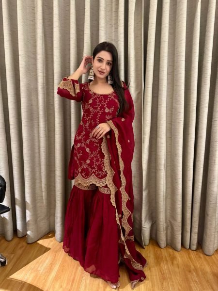 Irresistible Maroon Georgette Kurta Sharara Suits Set With Embroidared For Best Wholesale Price Georgette Kurti 