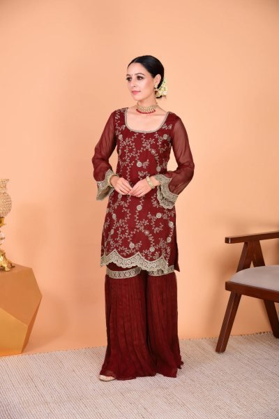 Irresistible Maroon Georgette Kurta Sharara Suits Set With Embroidared For Best Wholesale Price Georgette Kurti 