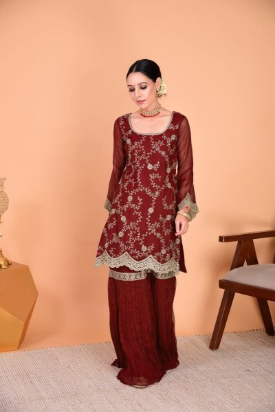 Irresistible Maroon Georgette Kurta Sharara Suits Set With Embroidared For Best Wholesale Price Georgette Kurti 