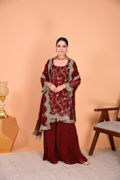 Irresistible Maroon Georgette Kurta Sharara Suits Set With Embroidared For Best Wholesale Price Georgette Kurti 