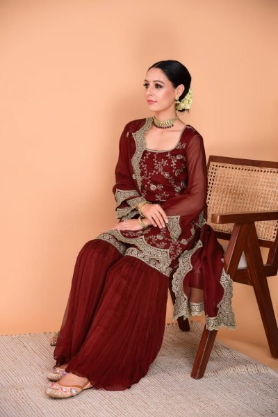 Irresistible Maroon Georgette Kurta Sharara Suits Set With Embroidared For Best Wholesale Price Georgette Kurti 