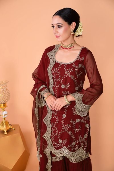 Irresistible Maroon Georgette Kurta Sharara Suits Set With Embroidared For Best Wholesale Price Georgette Kurti 
