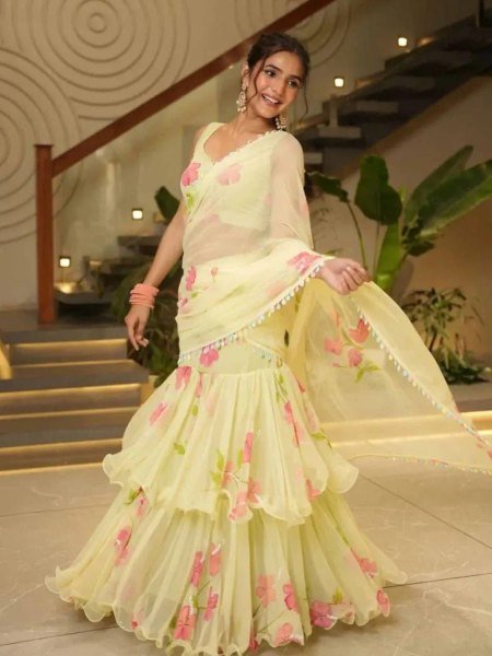 Georgette Lehenga Saree with 2 Layer Ruffle Fancy Printed Sarees at Wholesale Rate Ready To Wear Saree 