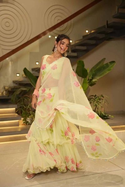 Georgette Lehenga Saree with 2 Layer Ruffle Fancy Printed Sarees at Wholesale Rate Ready To Wear Saree 