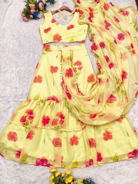 Georgette Lehenga Saree with 2 Layer Ruffle Fancy Printed Sarees at Wholesale Rate Ready To Wear Saree 